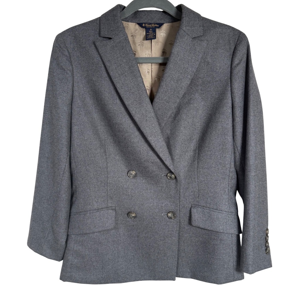 Brooks Brothers Women Stellita Grey Saxxon Merino Wool Double Breasted Blazer 8